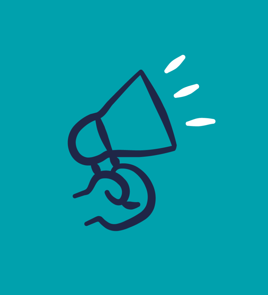 A cartoon speakerphone on a teal background