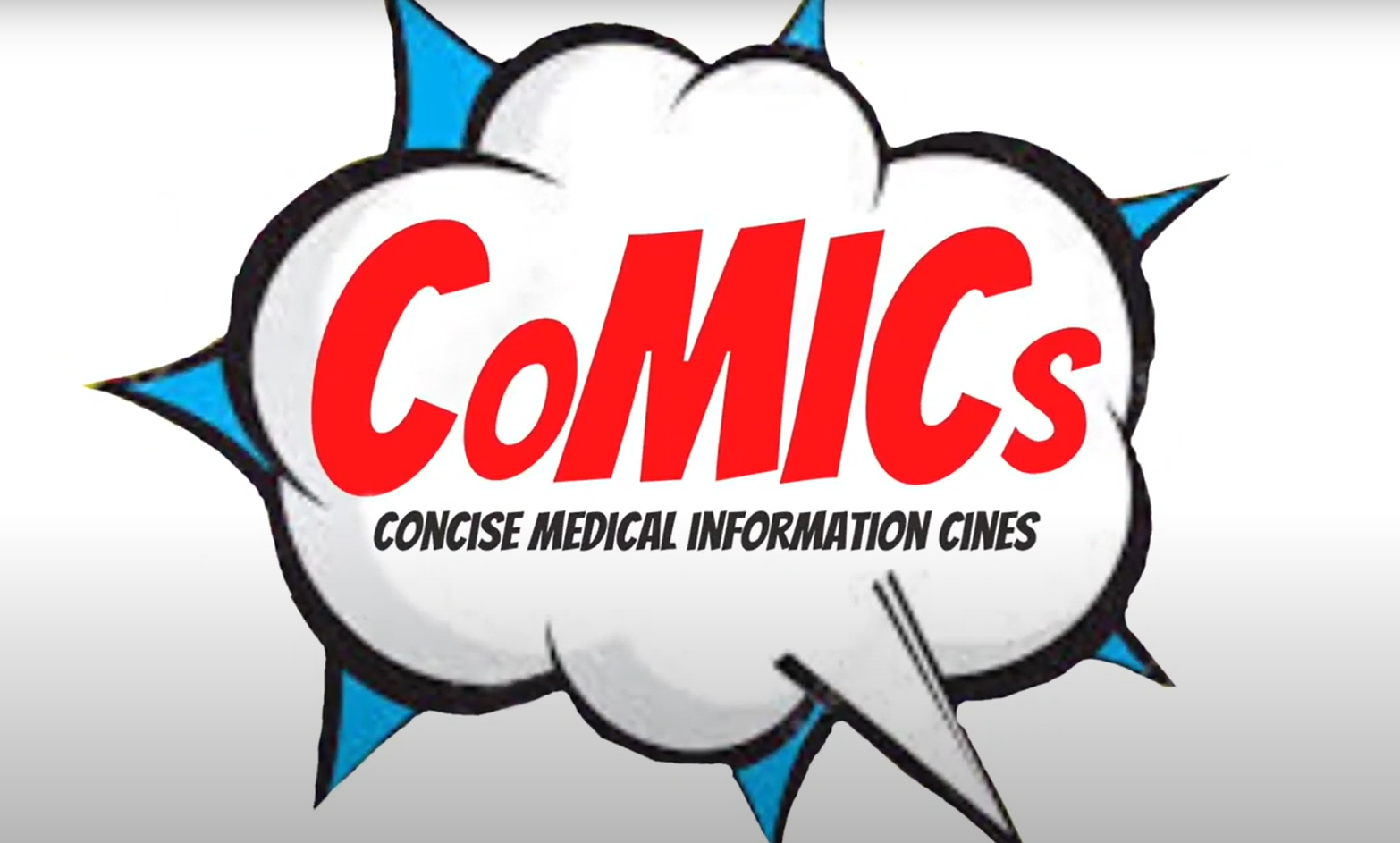 A photo of the CoMICs logo, showing a cartoon speech bubble with 'CoMICs' written in red